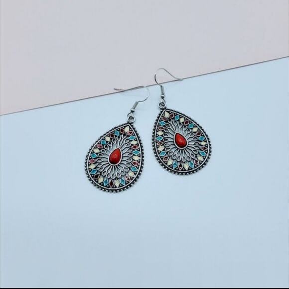 Red, blue, cream boho statement drop earrings - Picture 5 of 5